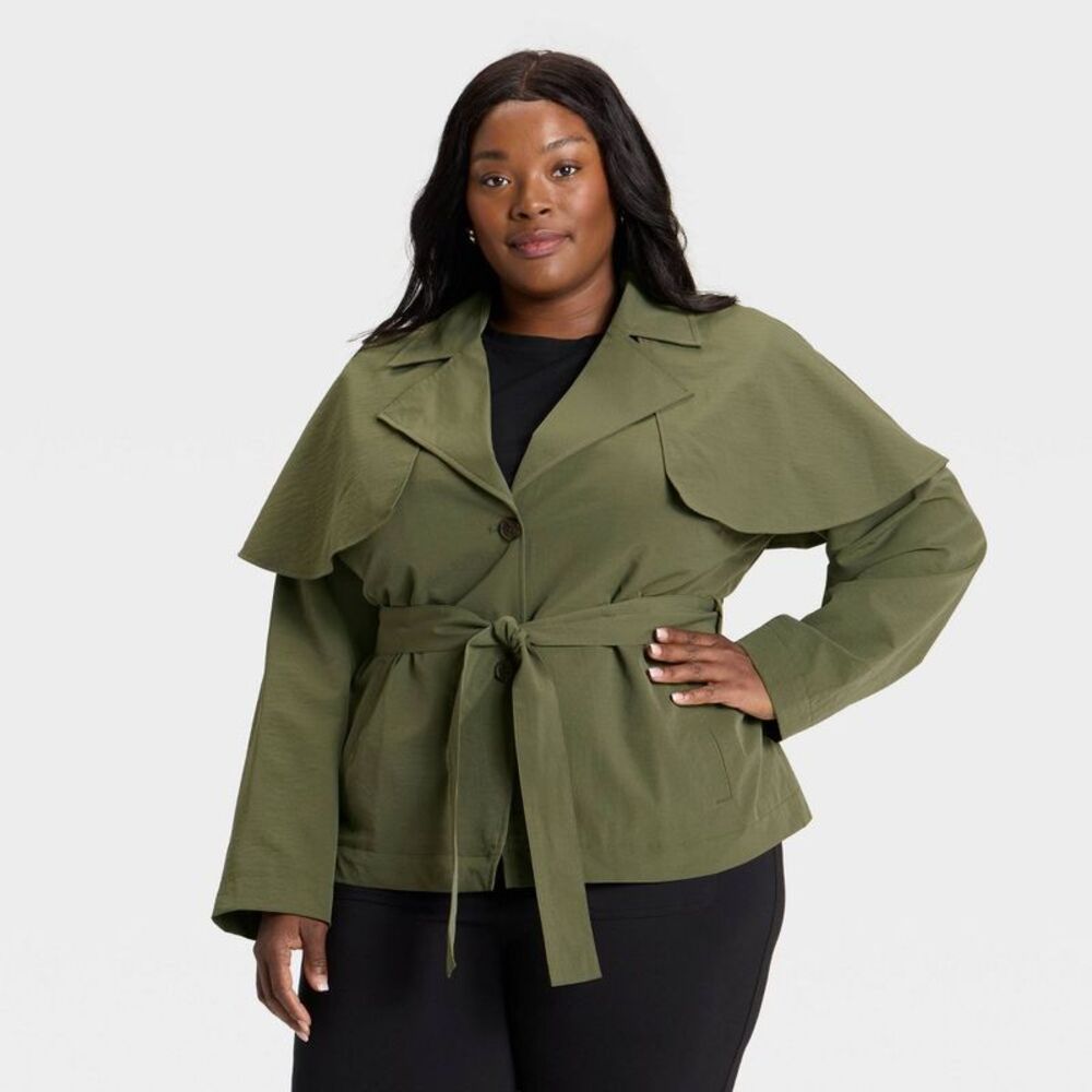 Women's Short Cape Trench - A New Day Olive XXL